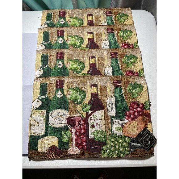 New 4 Tapestry Kitchen Placemats 13"x19", Wine & Grapes,1 Bottle,1 Glass & Corks - Picture 1 of 4